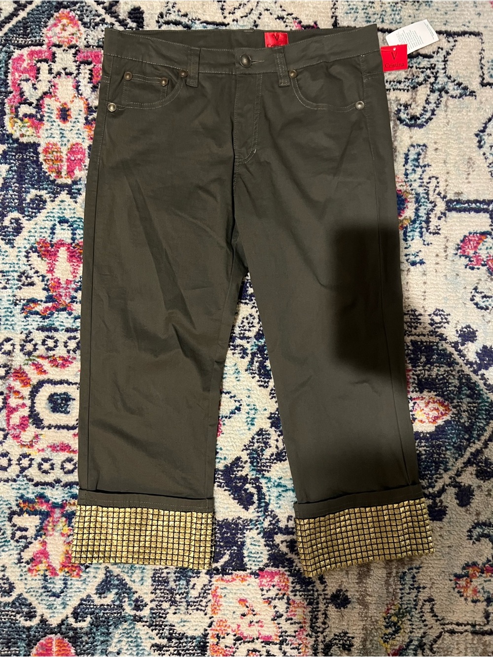 V Cristina Olive Green Capris with Gold-Studded Cuff